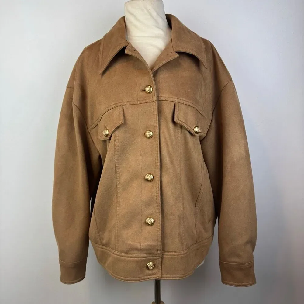 Maeve Faux Suede Trucker Jacket Camel Brown Size M Anthropologie - Picture 2 of 12
